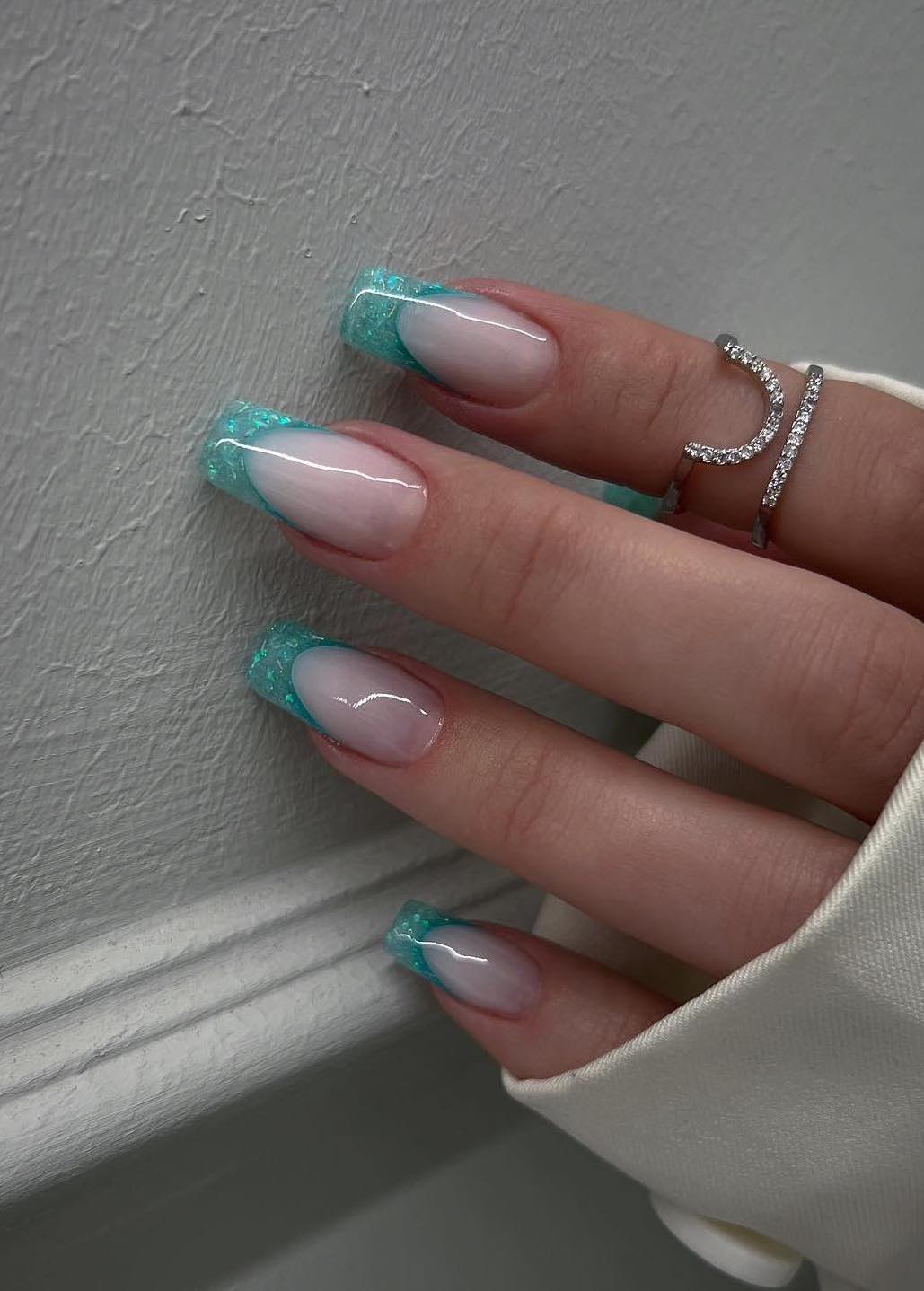 Sheer Pink With Glitter Turquoise French Square Nails Sheer Pink With Glitter Turquoise French Square Nails — Trendy Turquoise Nails
