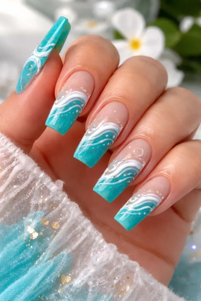 Turquoise French With White Wave Art Nails Turquoise French With White Wave Art Nails — Trendy Turquoise Nails