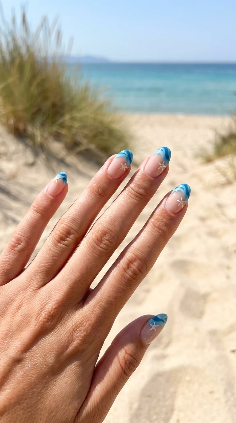 Natural Base With Blue Wavy French Starfish Nails Natural Base With Blue Wavy French Starfish Nails — Trendy Turquoise Nails