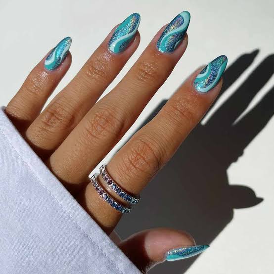 Turquoise White Wavy Glitter Almond Nails Turquoise White Wavy Glitter Almond Nails — Trendy Turquoise Nails