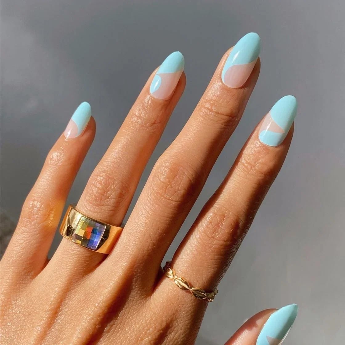 Nude Base With Abstract Turquoise Art Almond Nails Nude Base With Abstract Turquoise Art Almond Nails — Trendy Turquoise Nails