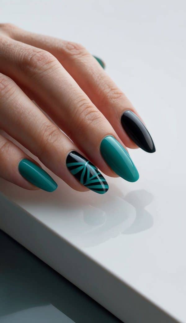 Deep Turquoise Black Geometric Pattern Almond Nails Deep Turquoise Black Geometric Pattern Almond Nails — Trendy Turquoise Nails