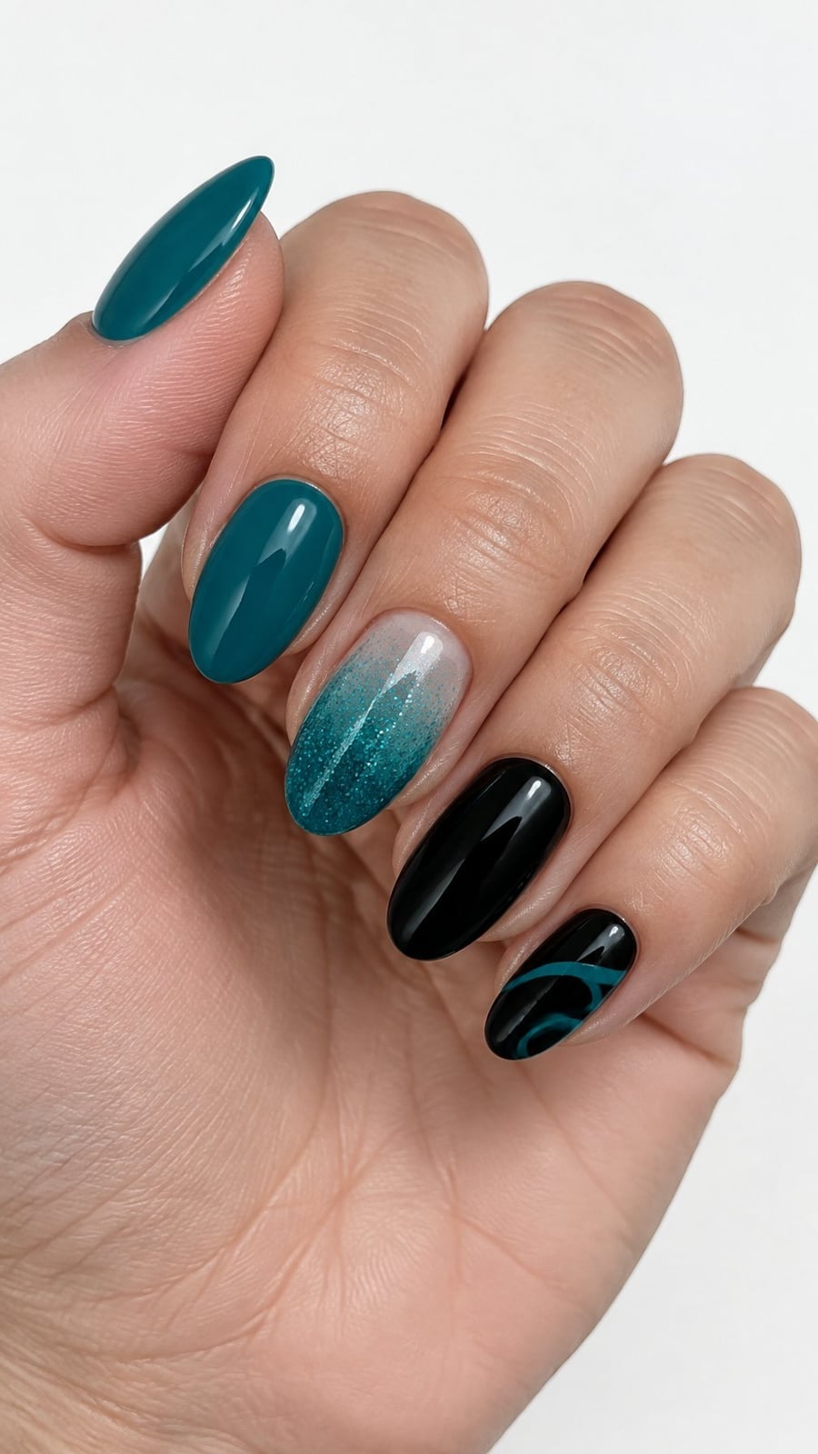 Teal Velvet Ombre With Black Accents Almond Nails Teal Velvet Ombre With Black Accents Almond Nails — Trendy Turquoise Nails