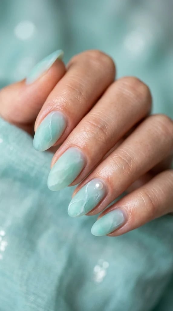 Milky Turquoise Marbled Short Almond Nails Milky Turquoise Marbled Short Almond Nails — Trendy Turquoise Nails