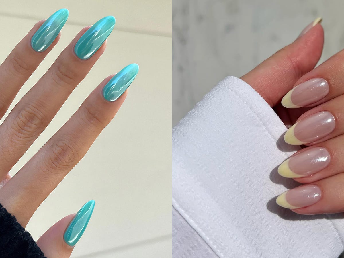 Iridescent Light Turquoise Glossy Almond Nails Iridescent Light Turquoise Glossy Almond Nails — Trendy Turquoise Nails