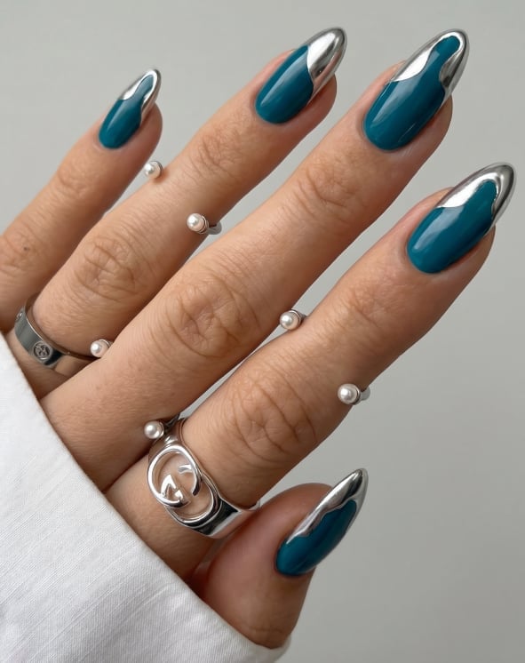 Deep Teal With Chrome French Tip Almond Nails Deep Teal With Chrome French Tip Almond Nails — Trendy Turquoise Nails