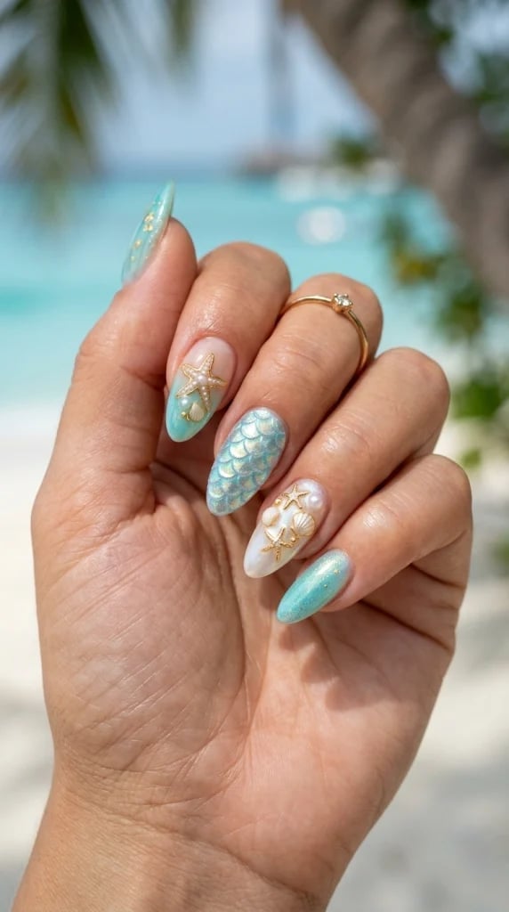 Mermaid Scale Turquoise Almond Nails Mermaid Scale Turquoise Almond Nails — Trendy Turquoise Nails