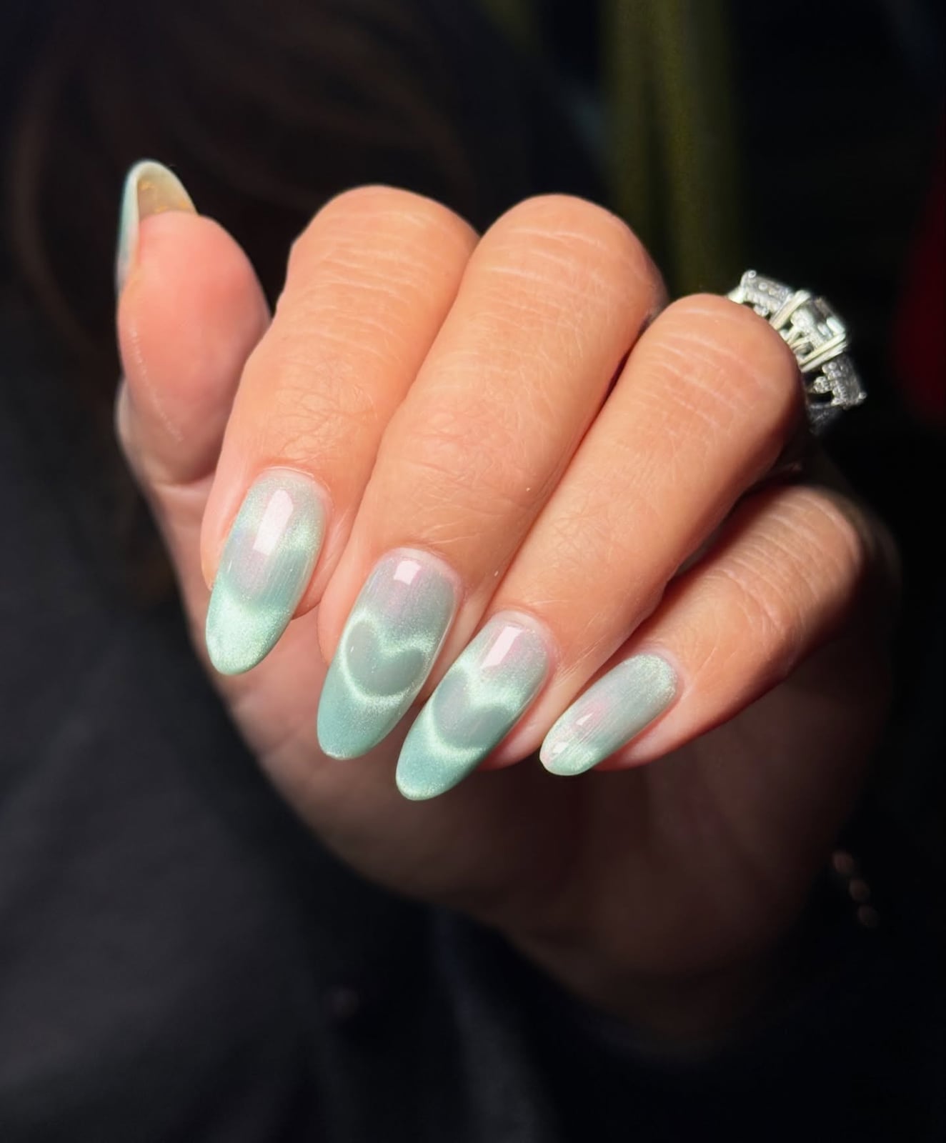 Mint Green Velvet Heart Almond Nails Mint Green Velvet Heart Almond Nails — Trendy Turquoise Nails
