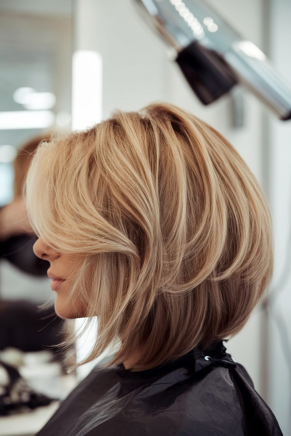 Blonde Layered Bob With Curtain Bangs Side View — Trendy Twist Bob