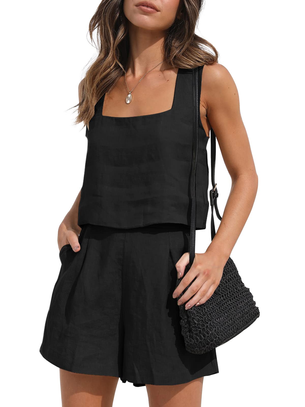 Black Linen-Blend Square-Neck Tank and Tailored Shorts Black Linen-Blend Square-Neck Tank and Tailored Shorts — Trendy Two Piece Outfits