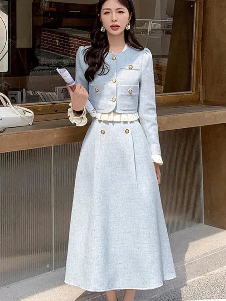 Light Blue Tweed Cropped Jacket and Midi Skirt with Gold Buttons Light Blue Tweed Cropped Jacket and Midi Skirt with Gold Buttons — Trendy Two Piece Outfits