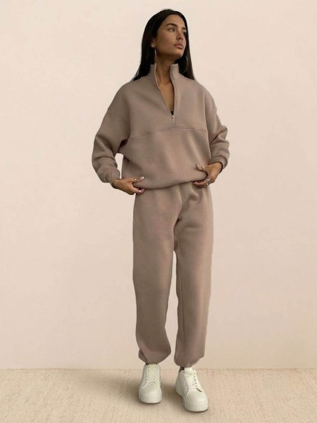 Beige Loungewear Quarter-Zip Sweatshirt and Pants Beige Loungewear Quarter-Zip Sweatshirt and Pants — Trendy Two Piece Outfits