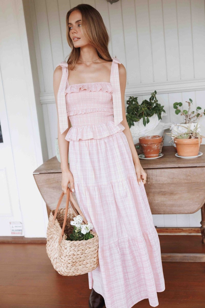 Pink and White Plaid Smocked Top and Tiered Maxi Skirt Pink and White Plaid Smocked Top and Tiered Maxi Skirt — Trendy Two Piece Outfits