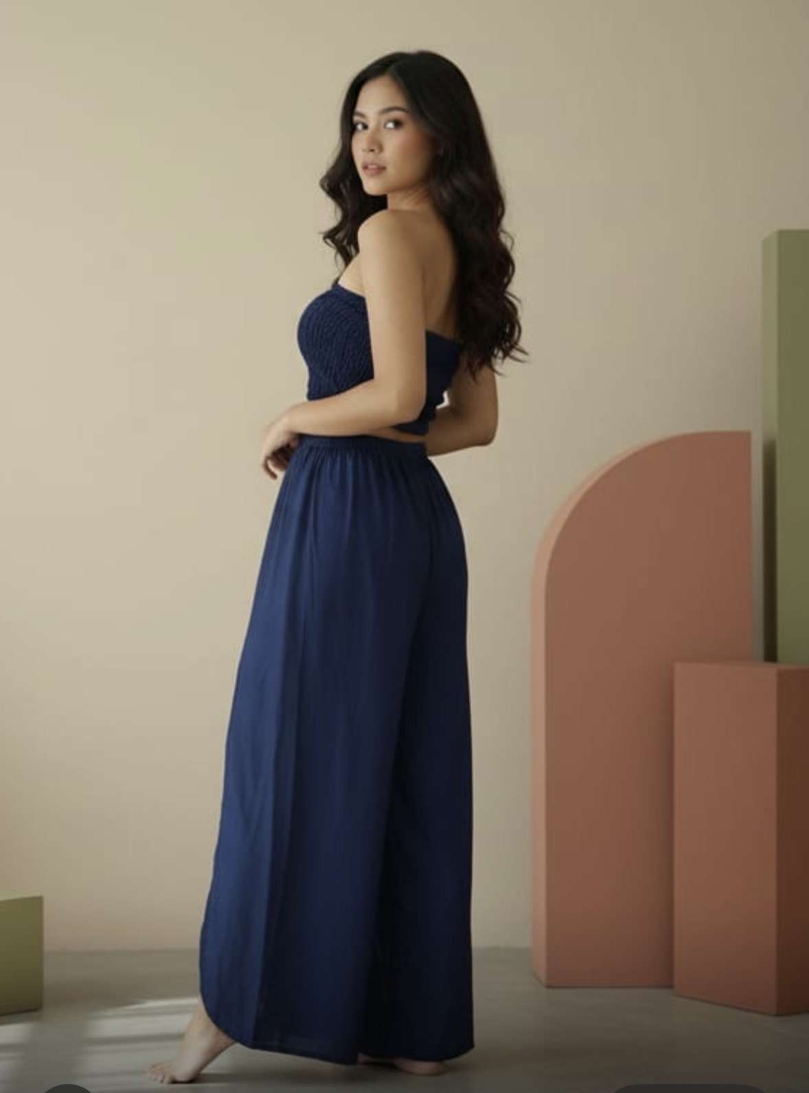 Navy Smocked Bandeau Top and Palazzo Pants Navy Smocked Bandeau Top and Palazzo Pants — Trendy Two Piece Outfits