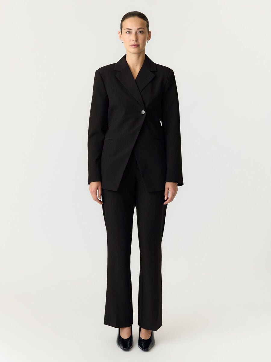 Black Oversized Blazer with Asymmetrical Closure and Trousers Black Oversized Blazer with Asymmetrical Closure and Trousers — Trendy Two Piece Outfits
