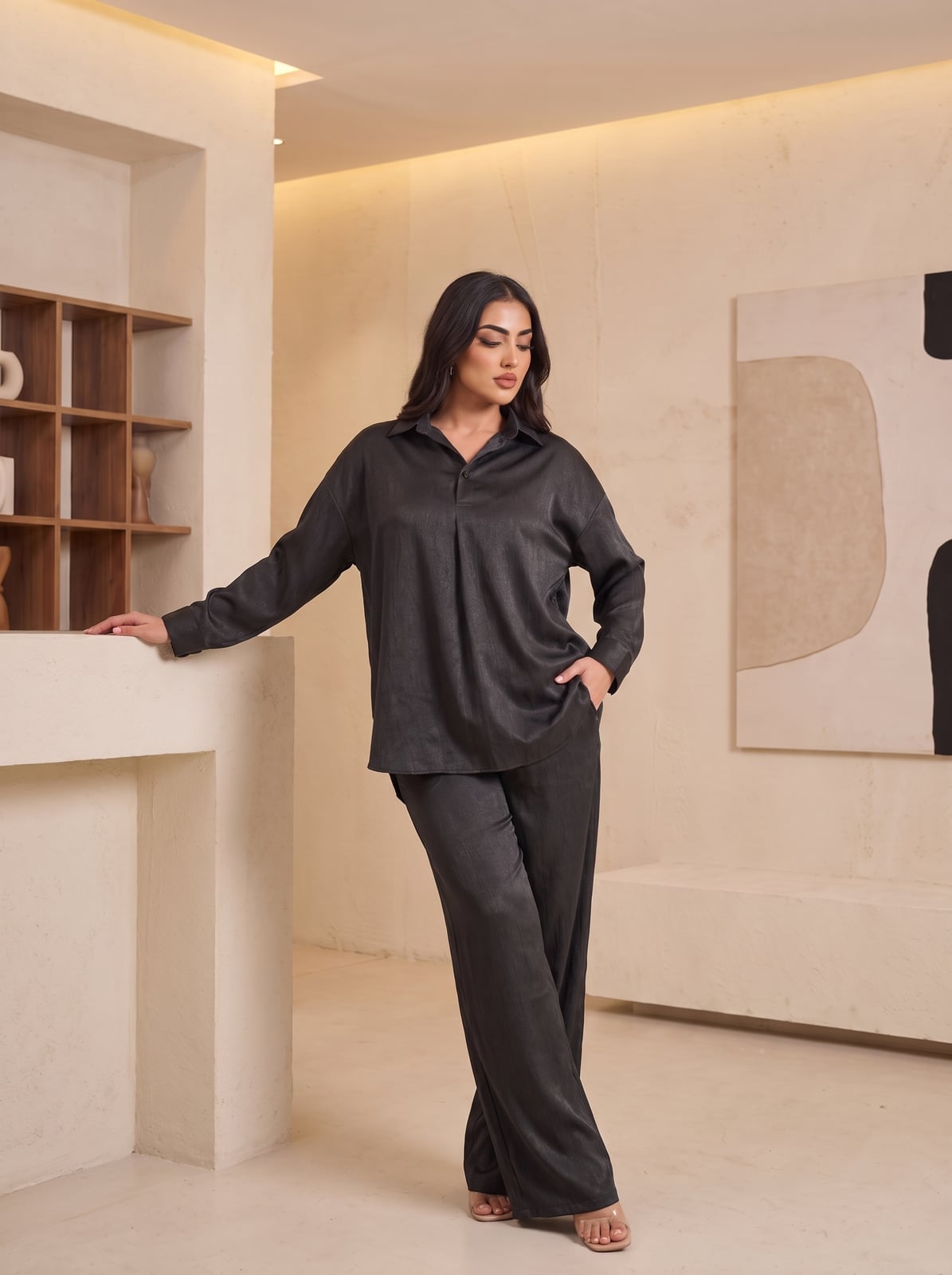 Dark Grey Oversized Collar Shirt and Wide-Leg Trousers, Relaxed Dark Grey Oversized Collar Shirt and Wide-Leg Trousers, Relaxed — Trendy Two Piece Outfits