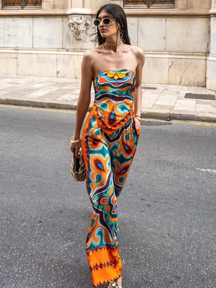 Satin Abstract Print Bandeau Top and Wide-Leg Pants Satin Abstract Print Bandeau Top and Wide-Leg Pants — Trendy Two Piece Outfits