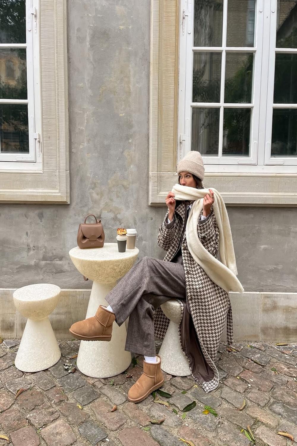 Ugg Boots with Houndstooth Coat and Scarf — Trendy Uggs Outfits