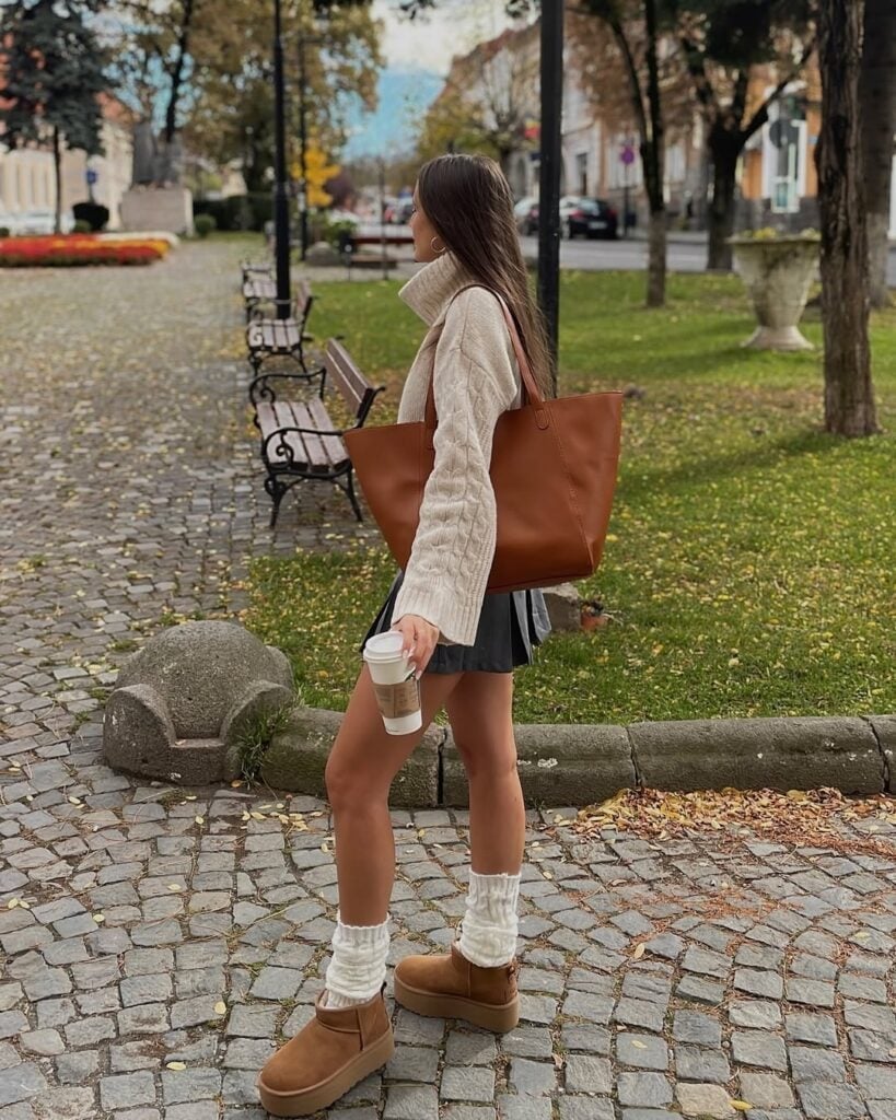 Platform Uggs with Leg Warmers and Pleated Mini Skirt — Trendy Uggs Outfits