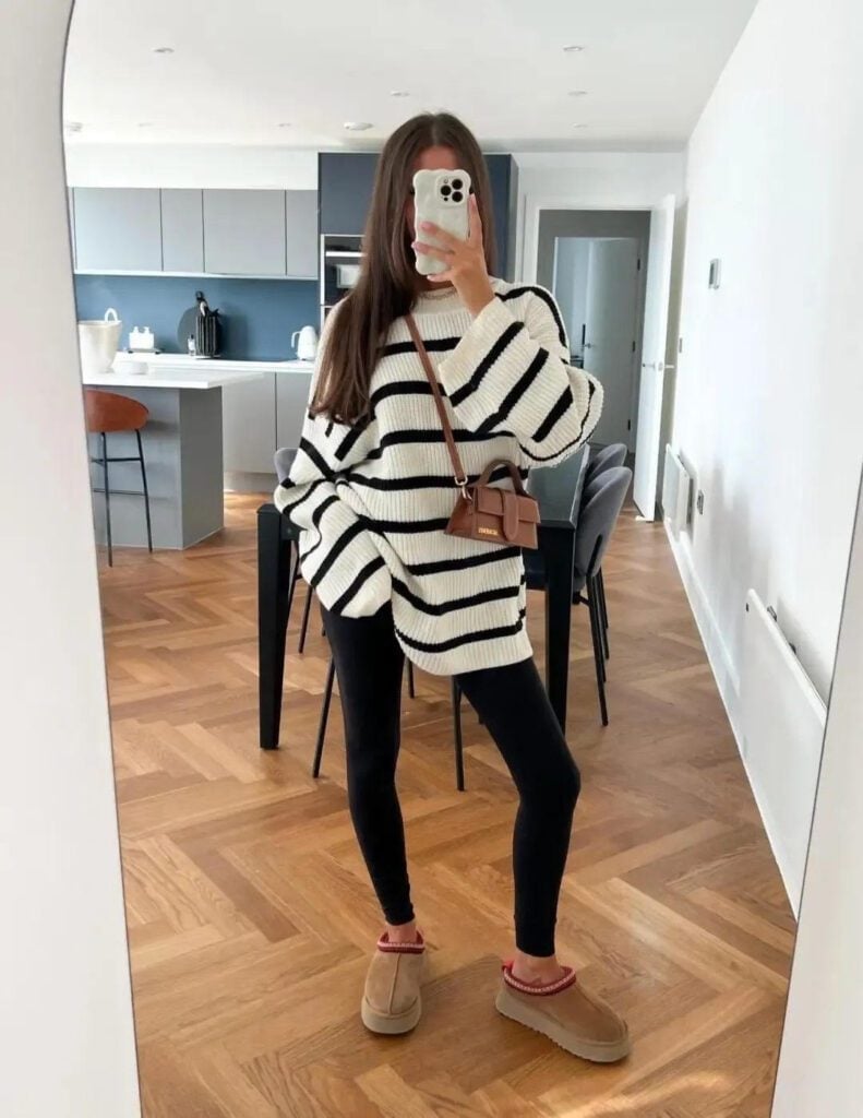 Platform Ugg Slippers with Striped Sweater and Leggings — Trendy Uggs Outfits