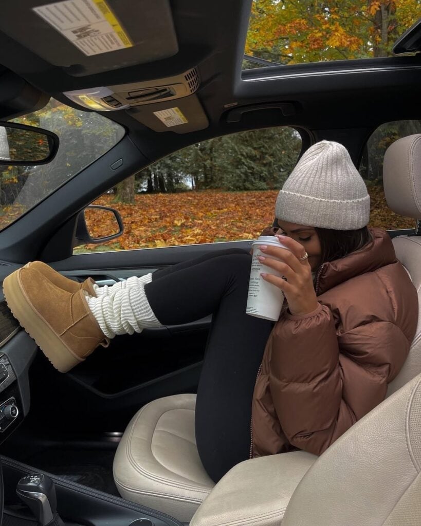 Platform Uggs with Leg Warmers and Puffer Jacket and White Knit Beanie — Trendy Uggs Outfits