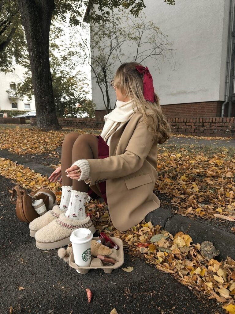 Shearling Slippers with Blazer and Burgundy Skirt, Close-Up Take — Trendy Uggs Outfits