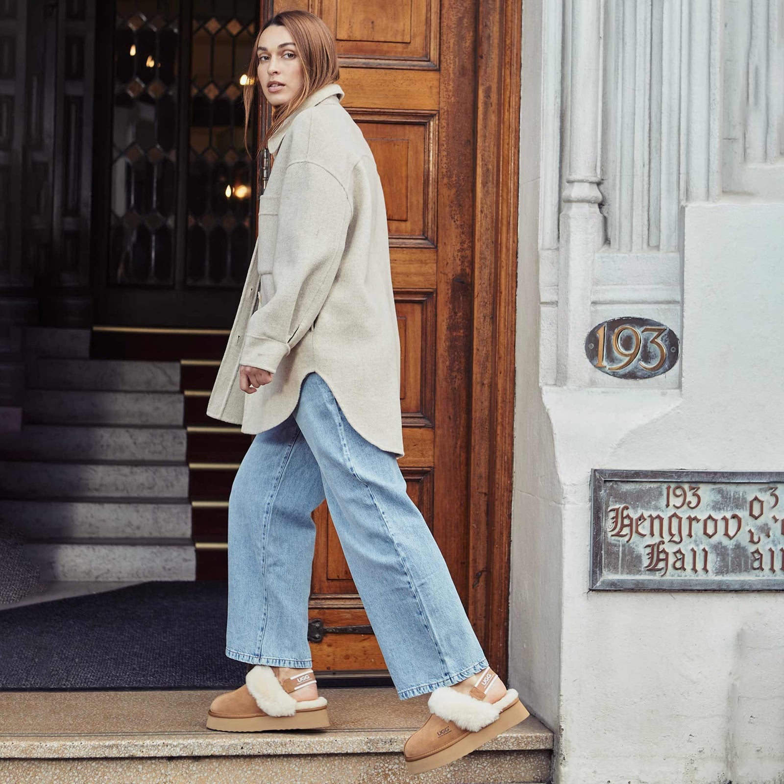 Platform Slippers with Shirt Jacket and Wide-Leg, Office-Safe Version — Trendy Uggs Outfits