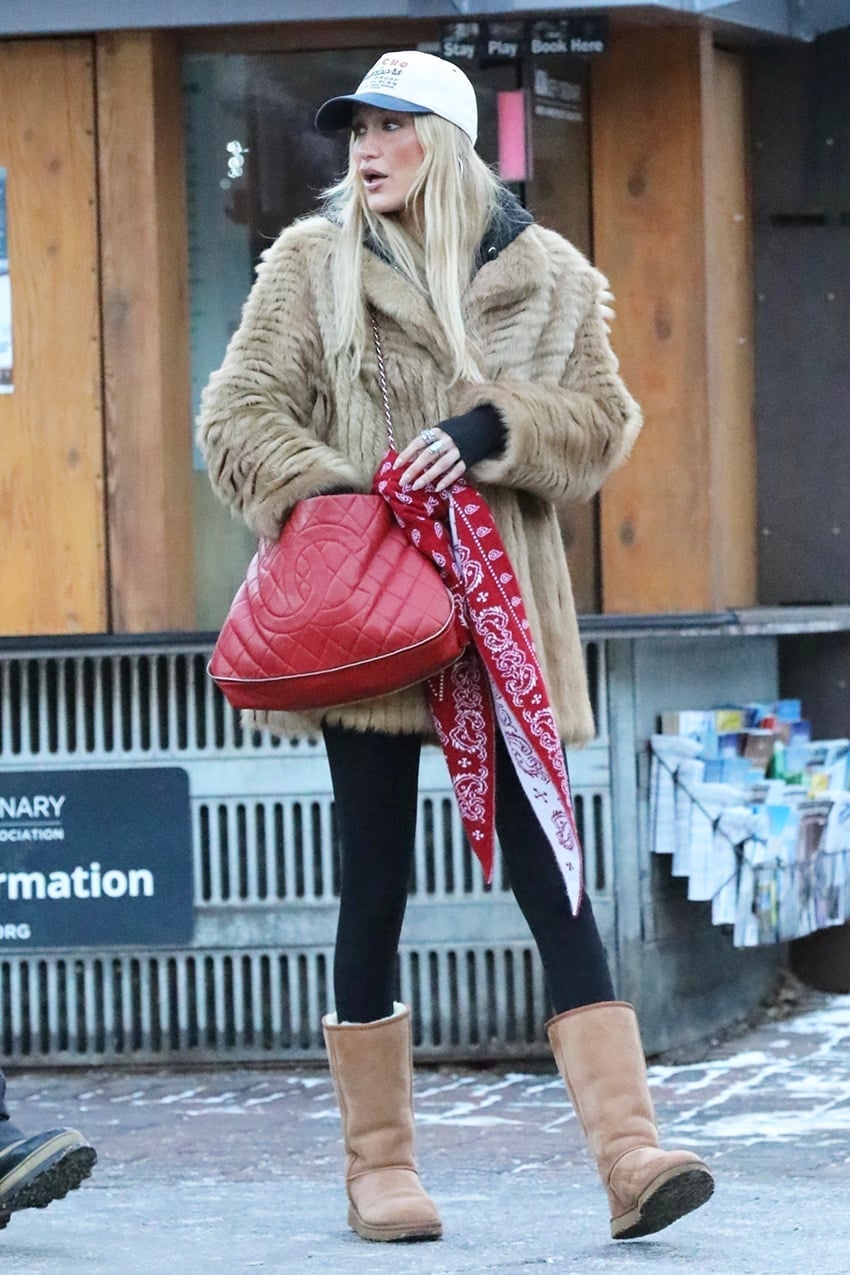 Mid-Calf Ugg Boots with Faux Fur Coat and Bandana Bag — Trendy Uggs Outfits