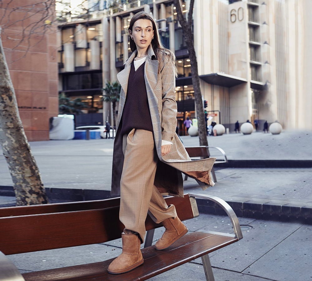 Suede Ugg Boots with Sweater Vest and Trench Coat — Trendy Uggs Outfits