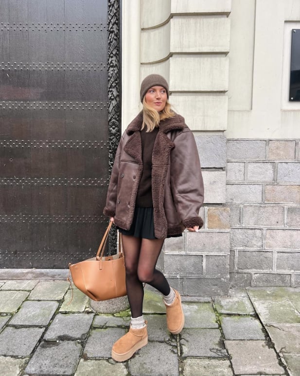 Platform Uggs with Mini Skirt and Shearling Jacket — Trendy Uggs Outfits