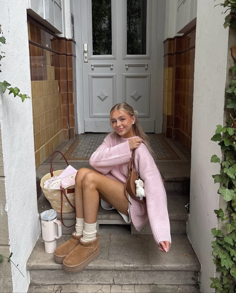Ugg Tasman Slippers with Pink Sweater and Shorts — Trendy Uggs Outfits