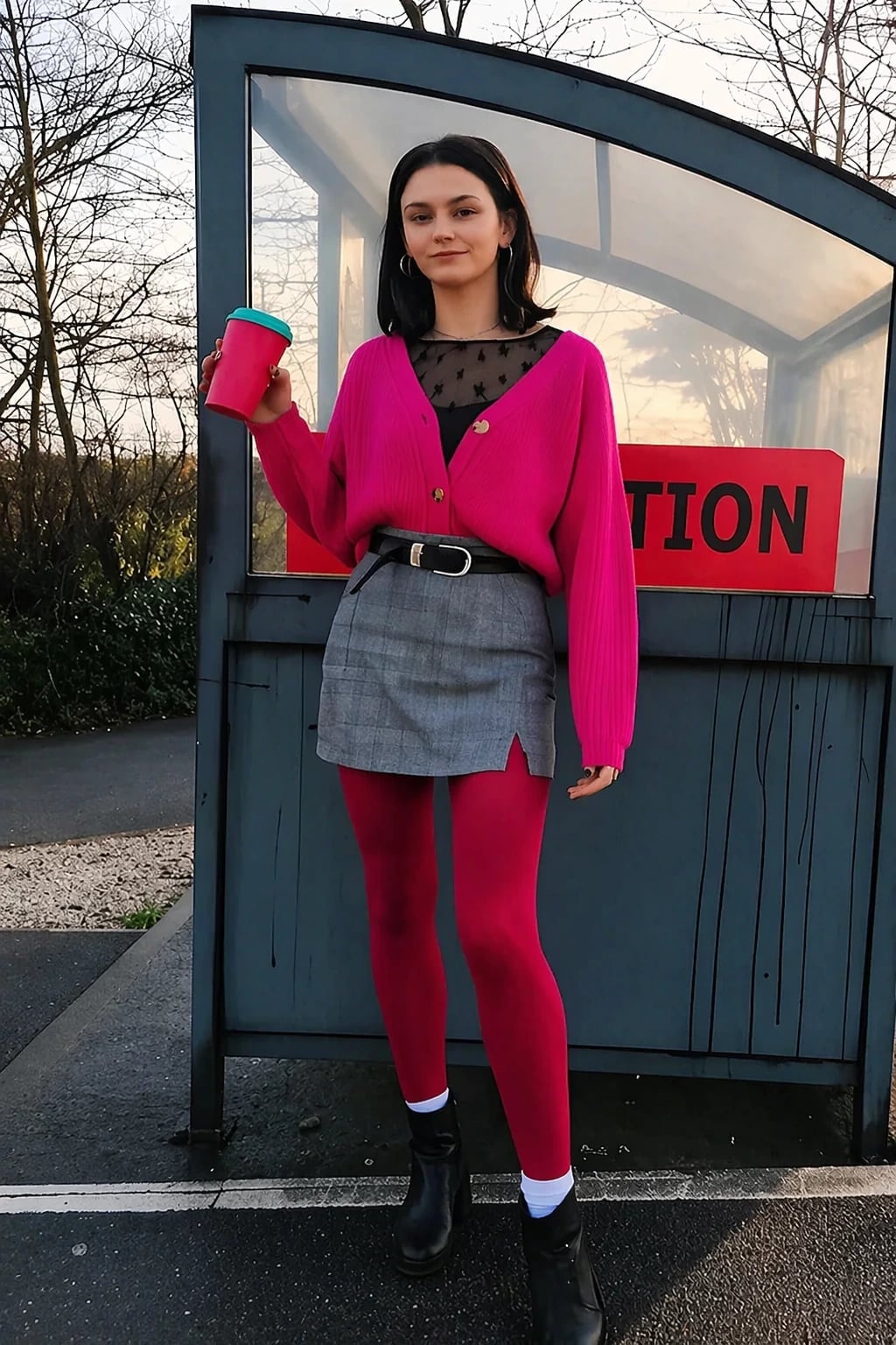 Pink Cardigan and Plaid Mini Skirt Pink Cardigan and Plaid Mini Skirt — Trendy Uni Outfits