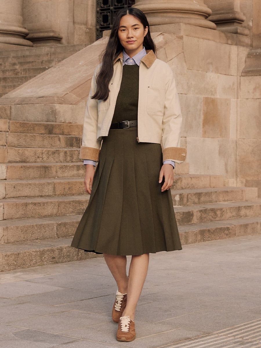 Utility Jacket and Pleated Skirt Utility Jacket and Pleated Skirt — Trendy Uni Outfits