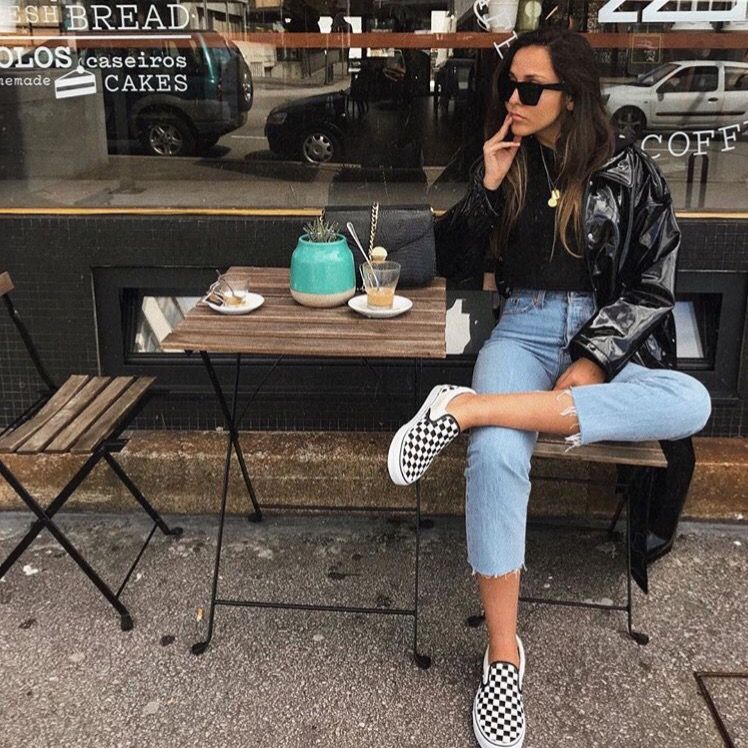 Shiny Jacket Over Long Sleeve Top with Ripped Jeans Shiny Jacket Over Long Sleeve Top with Ripped Jeans — Trendy Vans Outfits