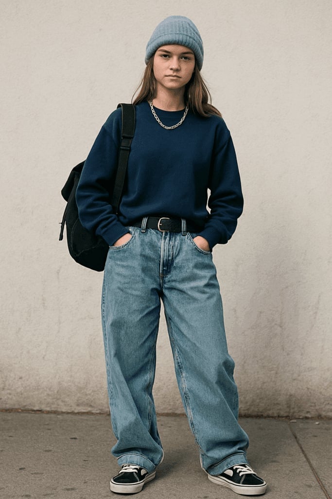 Streetwear Style with Baggy Jeans and a Crewneck Sweatshirt Streetwear Style with Baggy Jeans and a Crewneck Sweatshirt — Trendy Vans Outfits