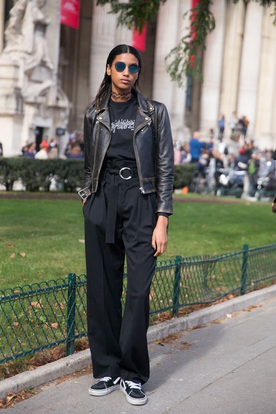 Leather Biker Jacket with Wide Leg Trousers, Office-Safe Version Leather Biker Jacket with Wide Leg Trousers, Office-Safe Version — Trendy Vans Outfits