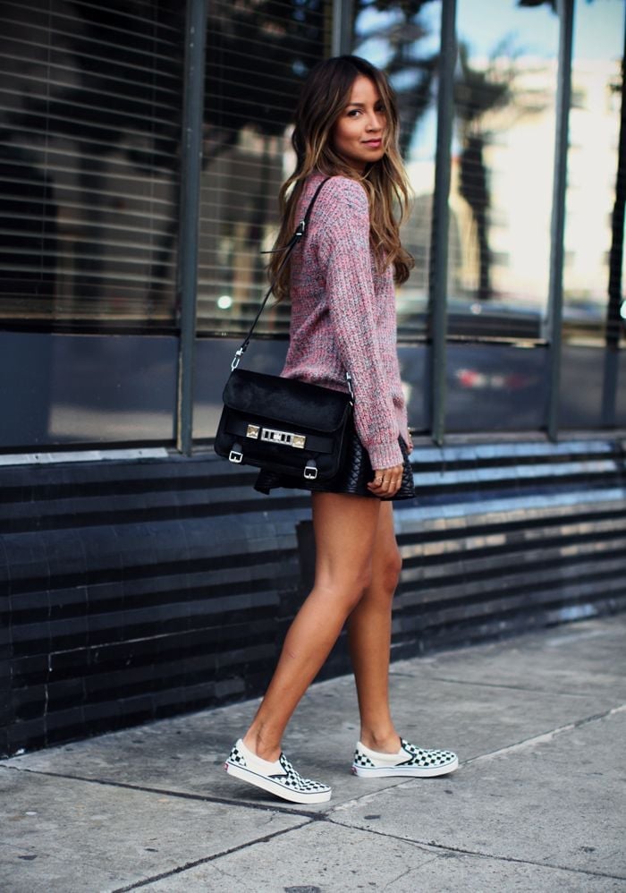 Leather Mini Skirt and Knit Sweater with Checkered Vans Leather Mini Skirt and Knit Sweater with Checkered Vans — Trendy Vans Outfits