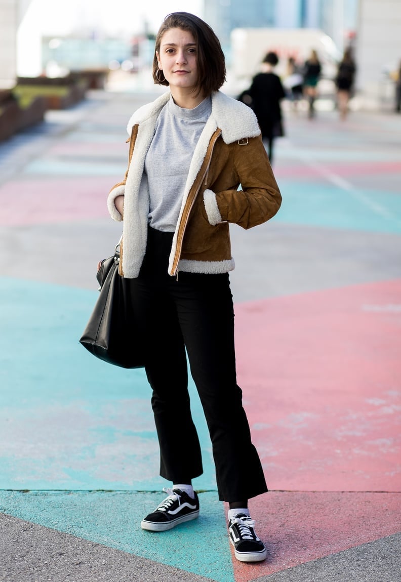 Shearling Jacket Over Turtleneck with Cropped Trousers, Close-Up Take Shearling Jacket Over Turtleneck with Cropped Trousers, Close-Up Take — Trendy Vans Outfits