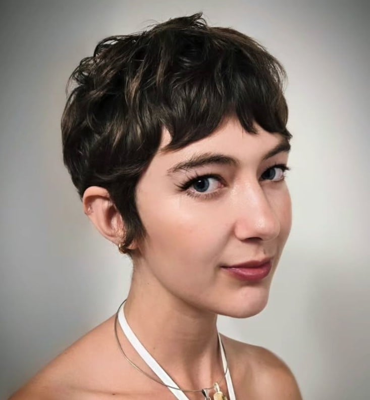 Textured Dark Brown Pixie With Fringe, Close-Up Take — Trendy Very Short Hair