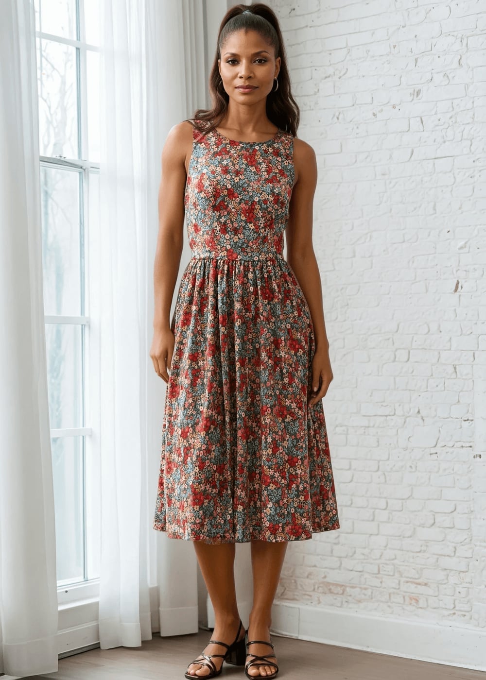 Floral Midi Dress With Block Heel Sandals Floral Midi Dress With Block Heel Sandals — Trendy Vintage Style