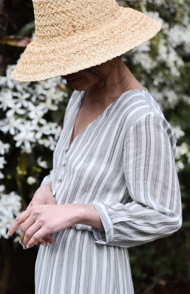 Striped Maxi Dress With Straw Hat Striped Maxi Dress With Straw Hat — Trendy Vintage Style
