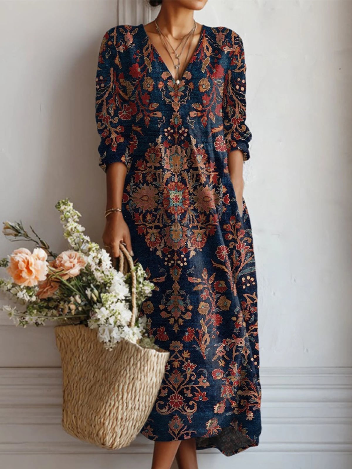 Floral Maxi Dress With Woven Bag Floral Maxi Dress With Woven Bag — Trendy Vintage Style