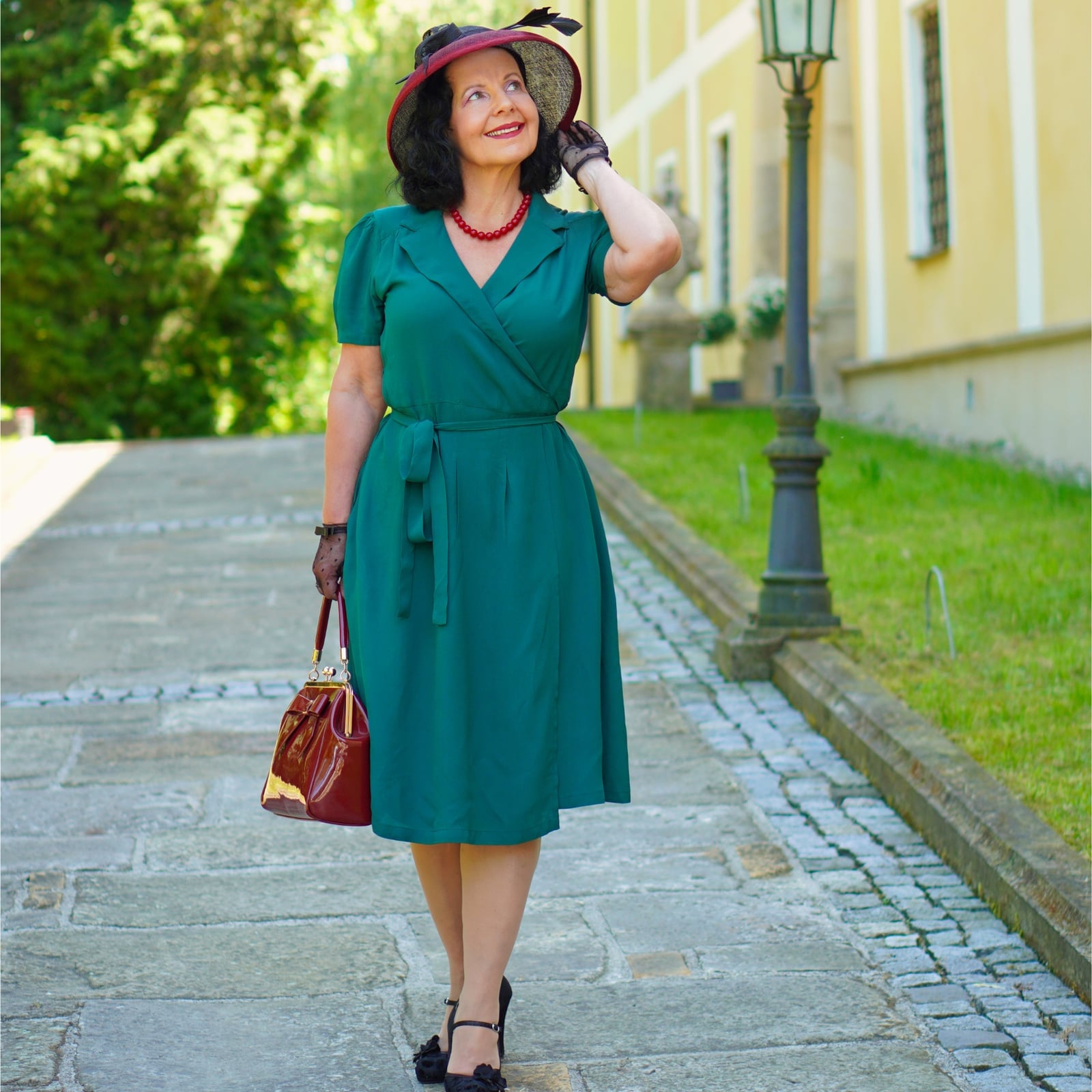 Teal Silk Wrap Dress With Red Accessories Teal Silk Wrap Dress With Red Accessories — Trendy Vintage Style