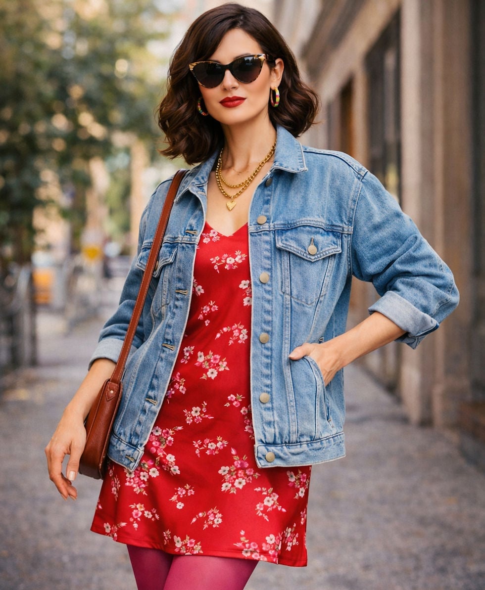 Floral Slip Dress With Denim Jacket Floral Slip Dress With Denim Jacket — Trendy Vintage Style