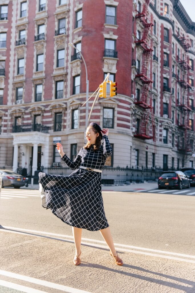 Gingham Check Dress With Brown Heels Gingham Check Dress With Brown Heels — Trendy Vintage Style
