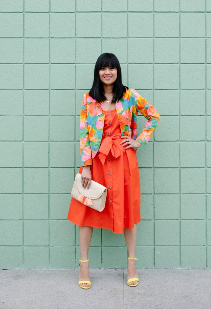 Floral Jacket With Orange Dress And Yellow Sandals Floral Jacket With Orange Dress And Yellow Sandals — Trendy Vintage Style