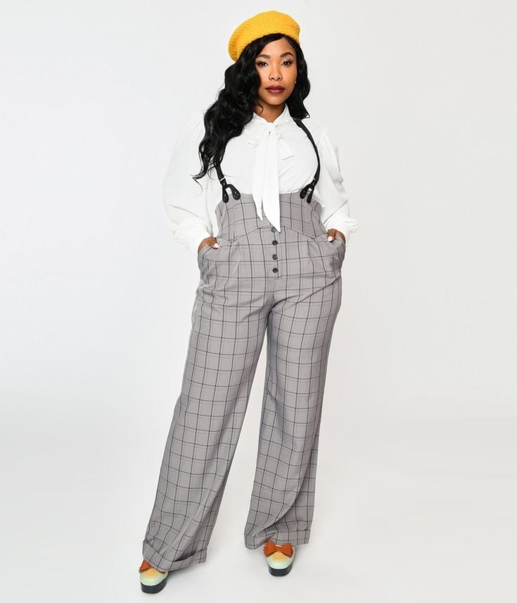 Pussy-Bow Blouse With Plaid Suspender Trousers Pussy-Bow Blouse With Plaid Suspender Trousers — Trendy Vintage Style