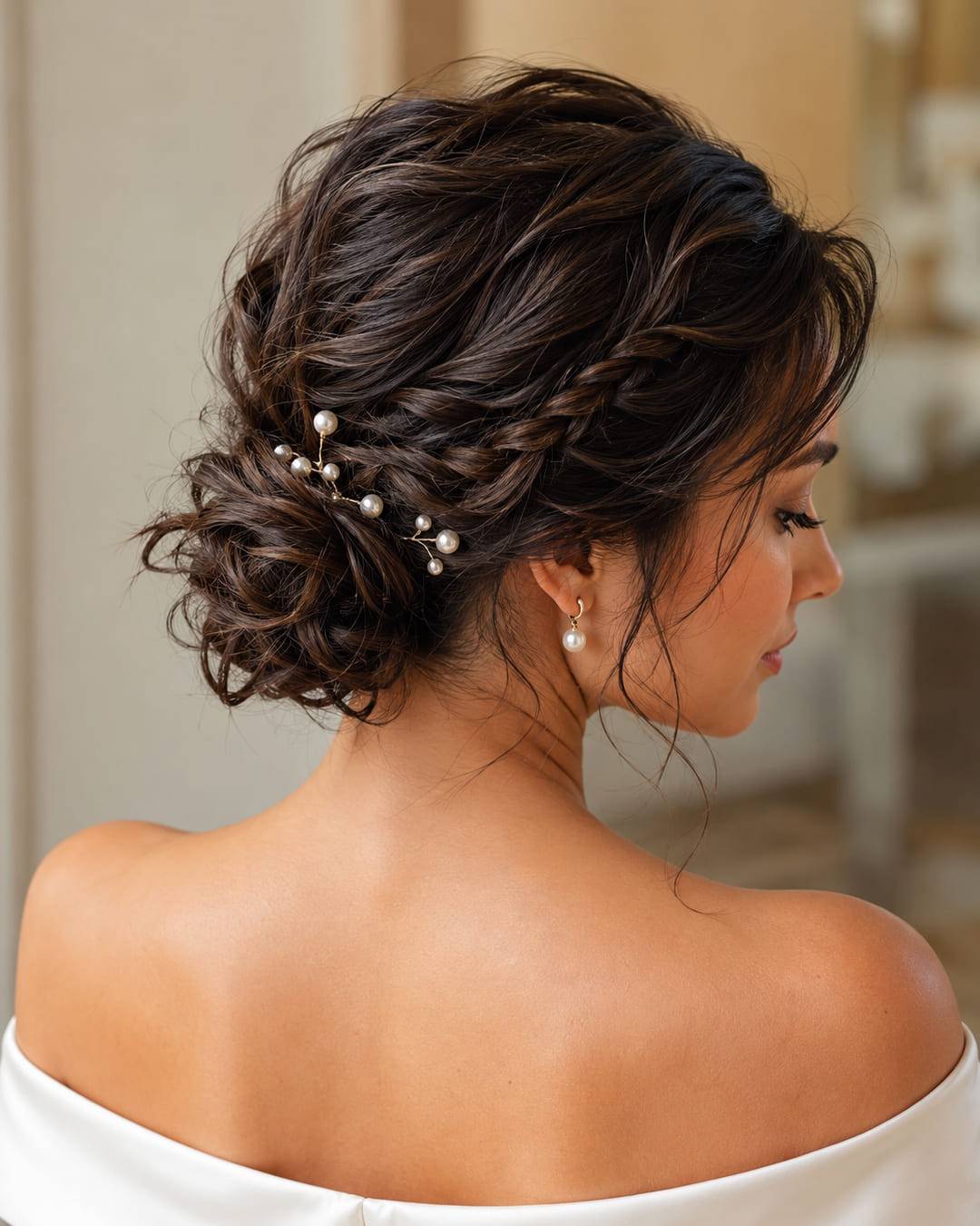 Messy Dark Brown Updo With Braids Messy Dark Brown Updo With Braids — Trendy Wedding Guest Updos