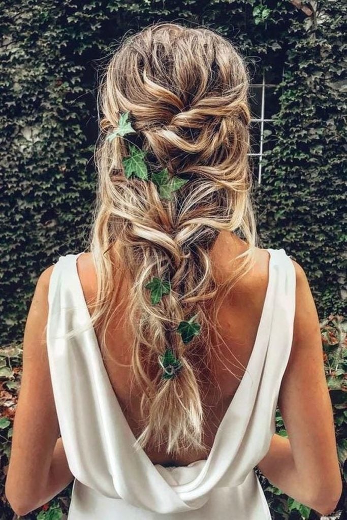 Blonde Half Up Half Down Braid With Leaves — Trendy Wedding Hair