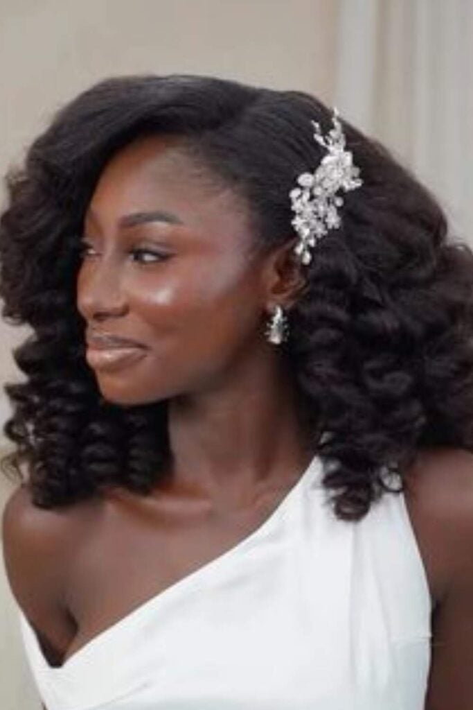 Dark Brown Curly Updo With Side Bangs — Trendy Wedding Hair
